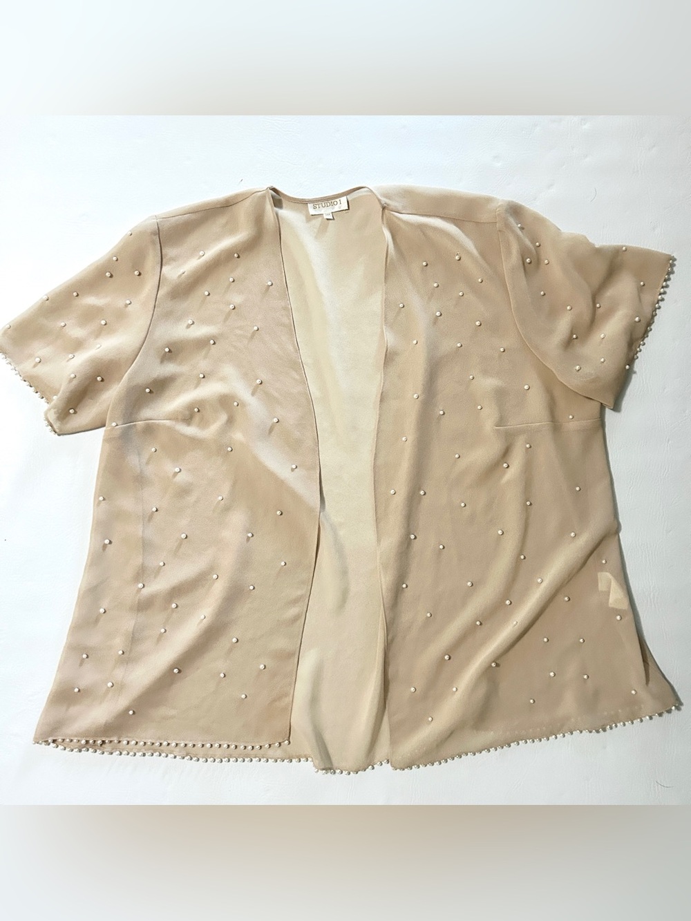 Studio I Beige Open-Front Beaded Cardigan Sheer Fabric 24W
